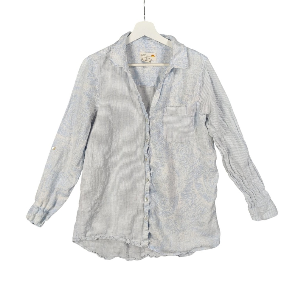 C&C California Linen Resort Button Shirt Striped Floral Long Sleeve Women Size L
